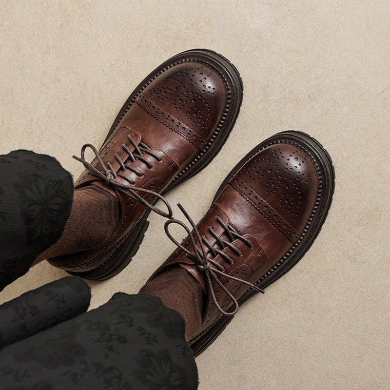 Vintage British Brogue Shoes - Round Toe Low-Heel Lace-Up Oxfords Black/Brown