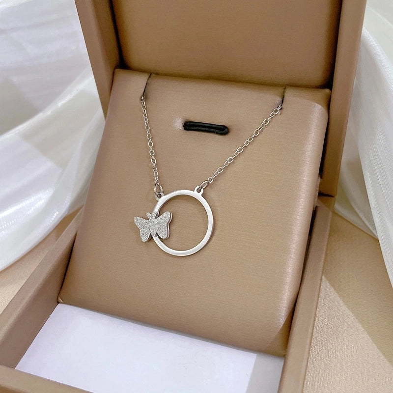 Minimalist Circle Letter Butterfly Titanium Steel Plating Inlay Rhinestones Necklace
