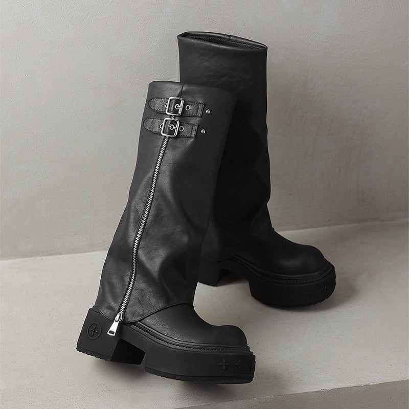 Women's Round Toe Folded Leather High-Calf Boots With Double Buckle in Black/Dark Brown