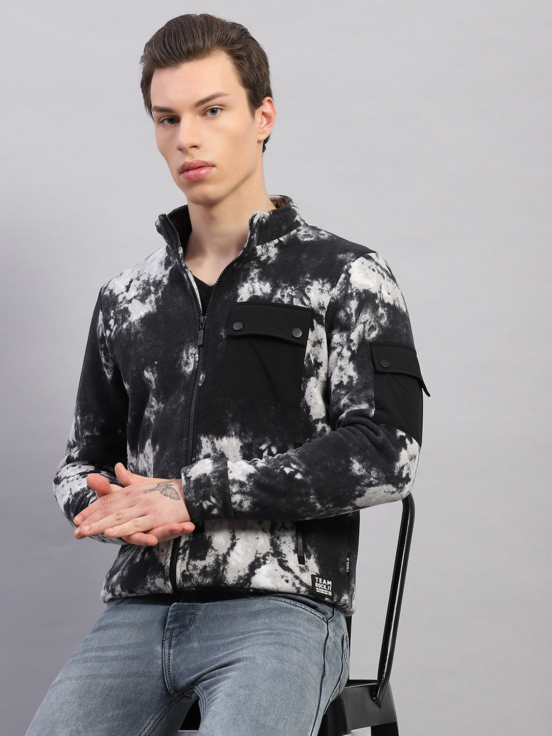 Men Black Printed Mock Neck Full Sleeve Sweatshirt