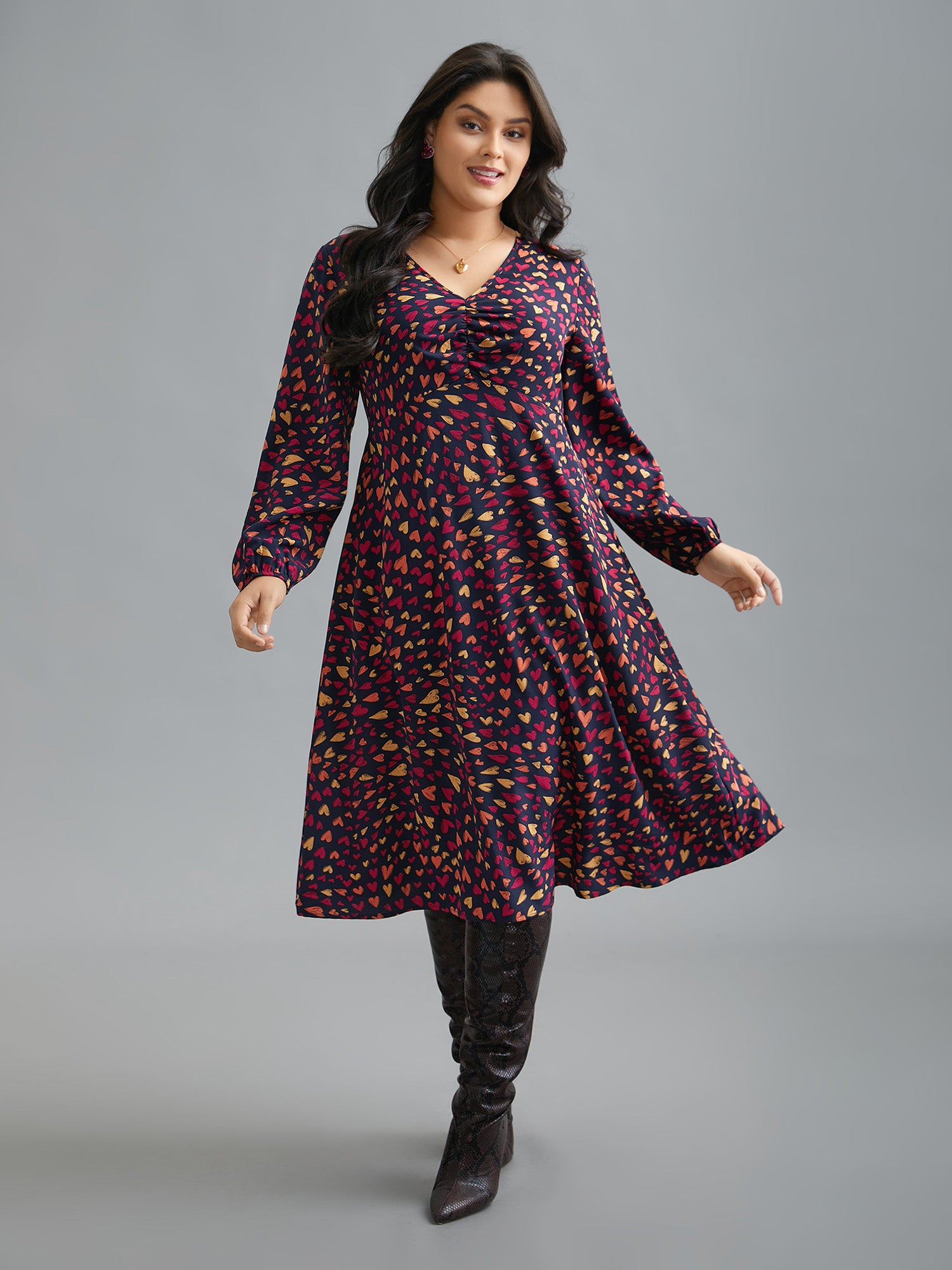 Multi-Color Hearts Pattern Stretchy Waist Dress