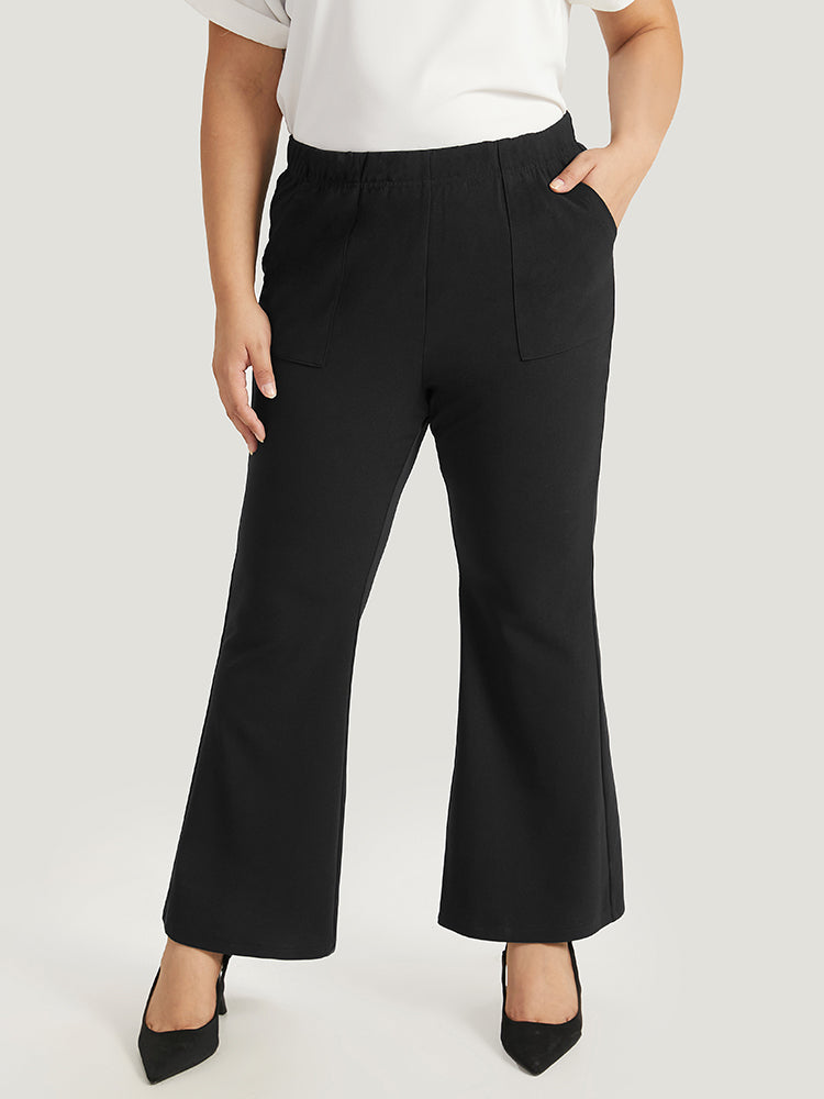 Solid Pocket Flare Leg Elastic Waist Pants