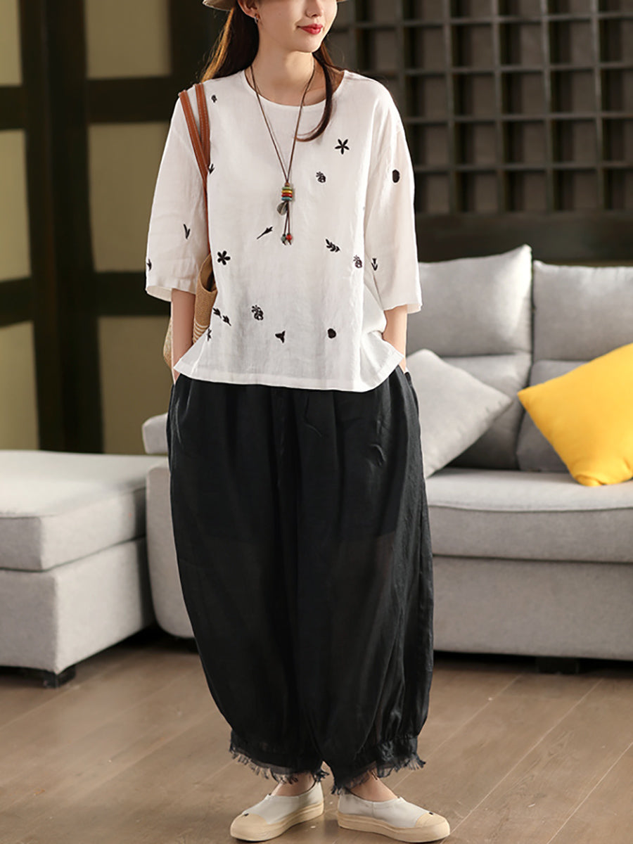 Women Spring O-Neck Flower Embroidery 100%Linen Shirt