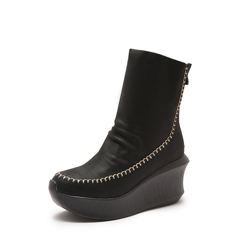 80mm Wedge Ankle Boots For Women Handmade Leather Designer Ankle Booties in Black/Coffee