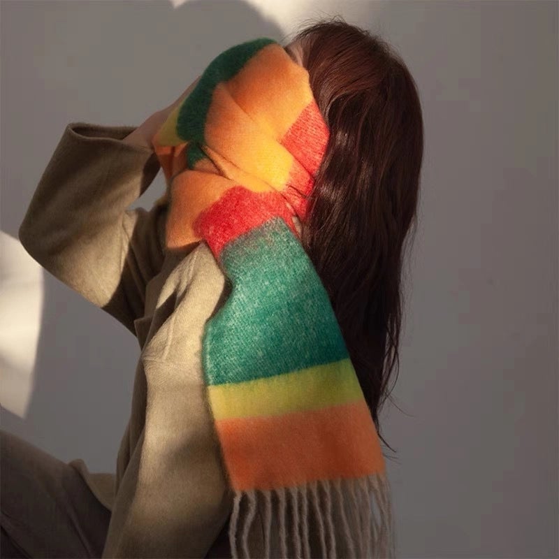 Gradient Horizontal Plaid Couple Scarf Mohair Scarf Winter Warm Thickened Lengthened Trendy White Scarf