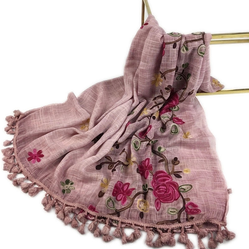 Women's Minimalist Leaves Solid Color Flower Cotton And Linen Embroidery Tassel Scarf Shawl