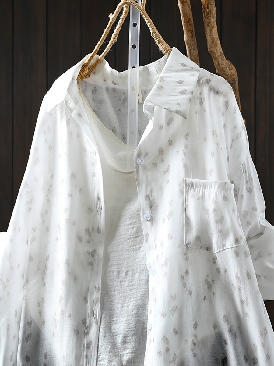 Women Summer Artsy Print Turn-down Collar Thin Shirt