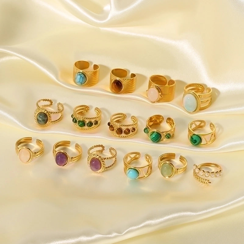 Stainless Steel 18K Gold Plated Basic Vintage Style Plating Inlay Round Natural Stone Open Rings