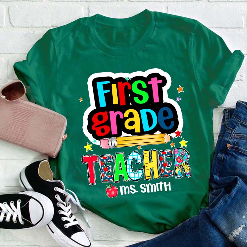 Personalized Grade And Name Color Pencil Stars Red Apple Teacher T-Shirt