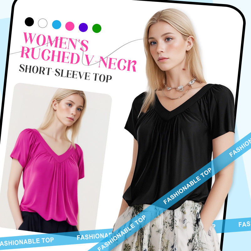💖Hot Sales-49% OFF✨Women's Casual Pleated V-Neck Short-Sleeve Top