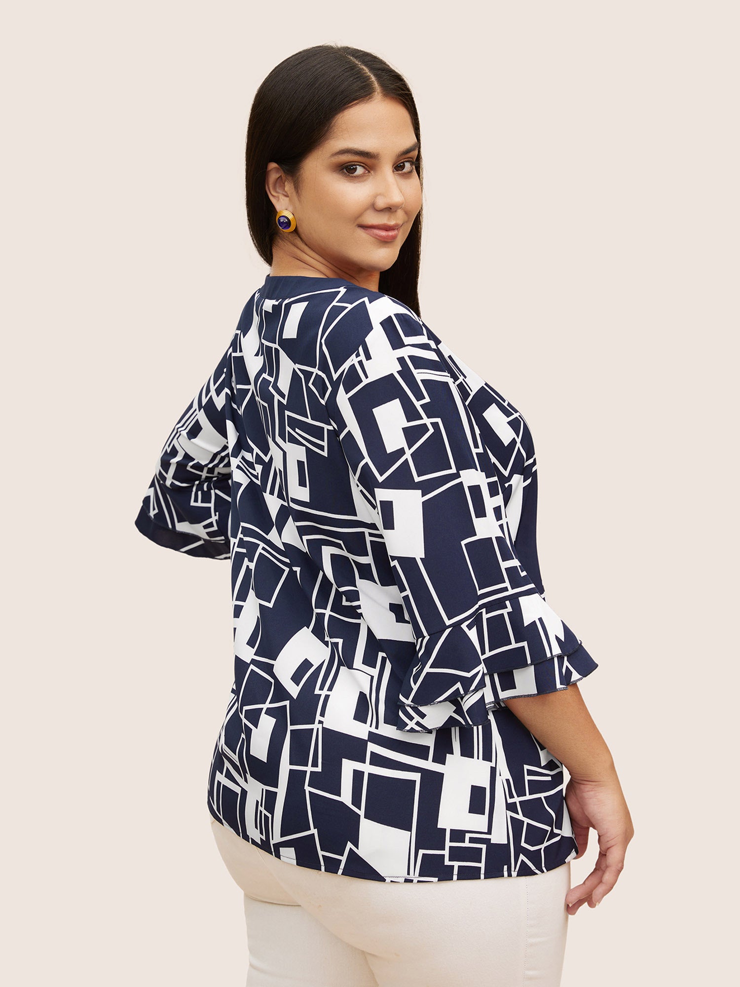 Geometric Keyhole Ruffles Metal Detail Blouse