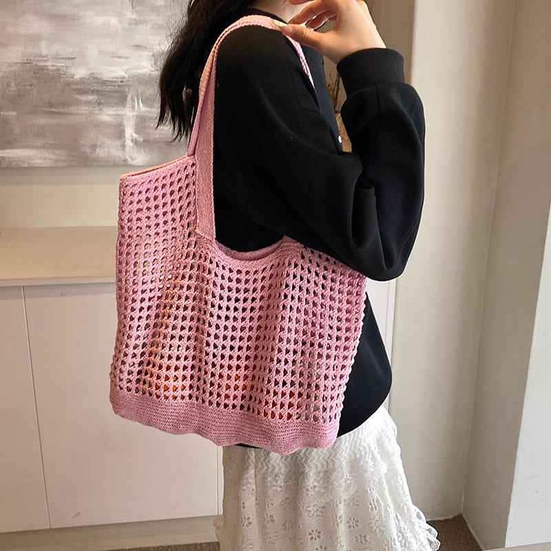 Women's Medium Knit Solid Color Basic Classic Style Hollow Square Open Shoulder Bag