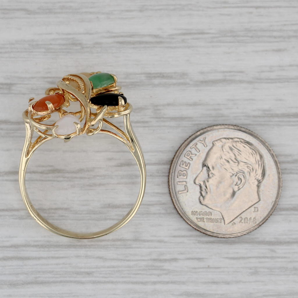 Multicolor Jadeite Jade Ring 14k Yellow Gold Pear Cabochons Size 7.75