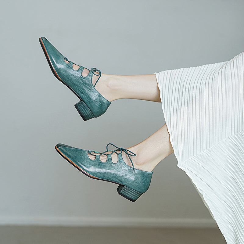 Elegant Washed Horse Leather Mary Jane Shoes with Cross-Strap Design Pink/Grey/Blue
