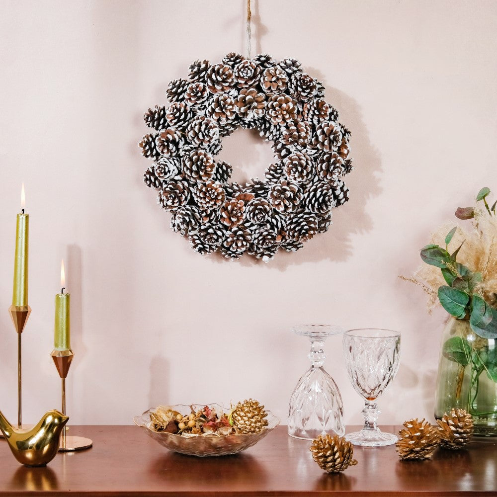 Christmas Wreath Of Snowy Pinecones 11 Inch