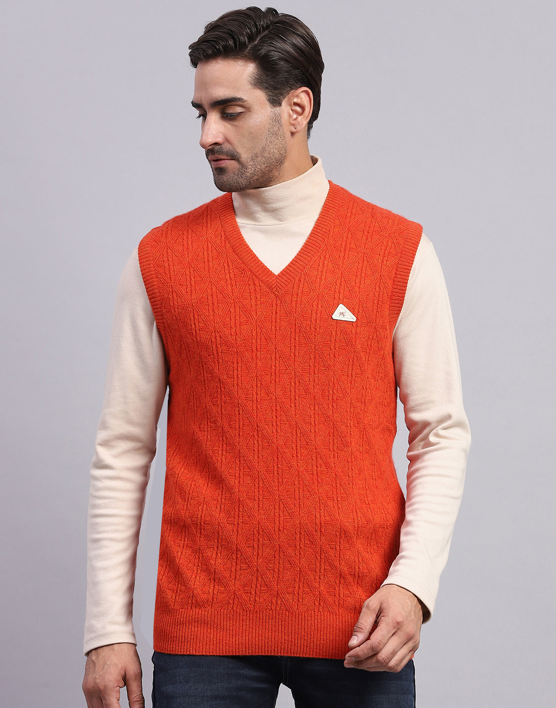 Men Orange Self Design V Neck Sleeveless Sweater