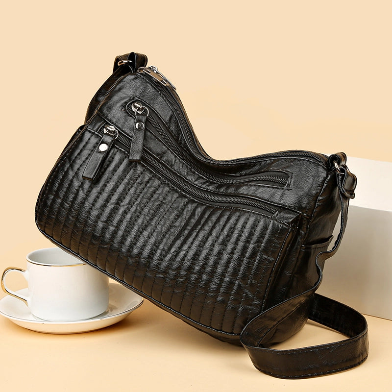 Women's Pu Leather Solid Color Classic Style Sewing Thread Square Zipper Shoulder Bag