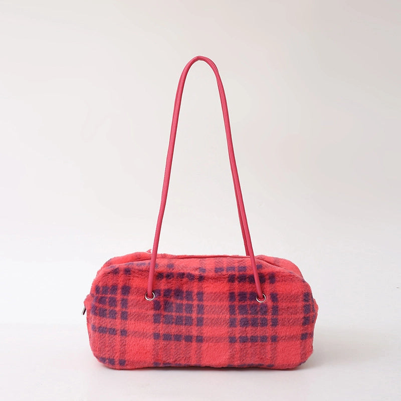 Women's Fur Lattice Plaid Streetwear Pillow Shape Zipper Underarm Bag