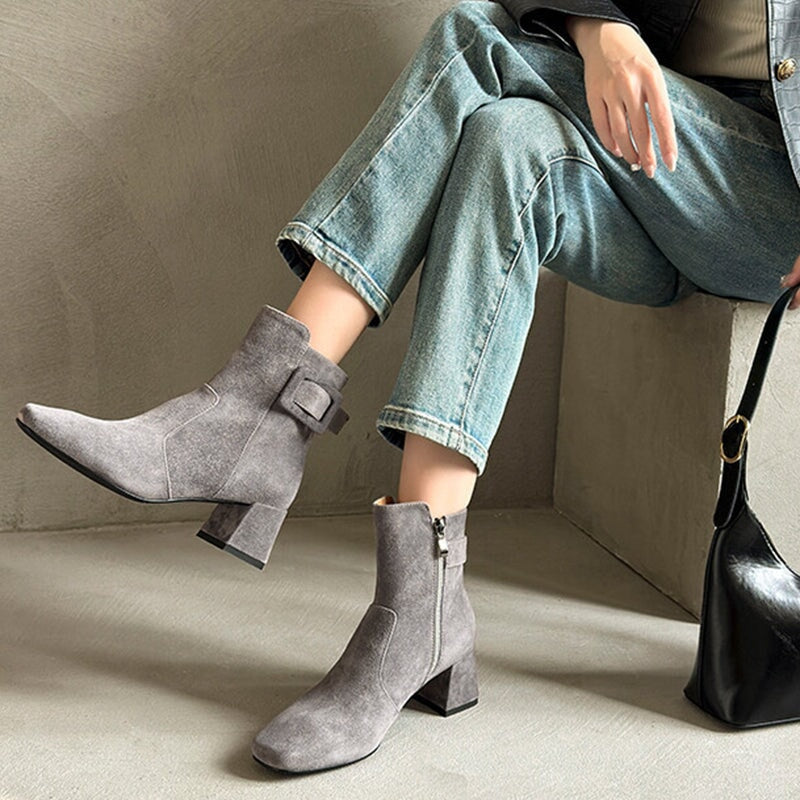 Women's Elegant Ankle Boots 55mm Heels Side Zipper Slimming Boots in Black/Grey