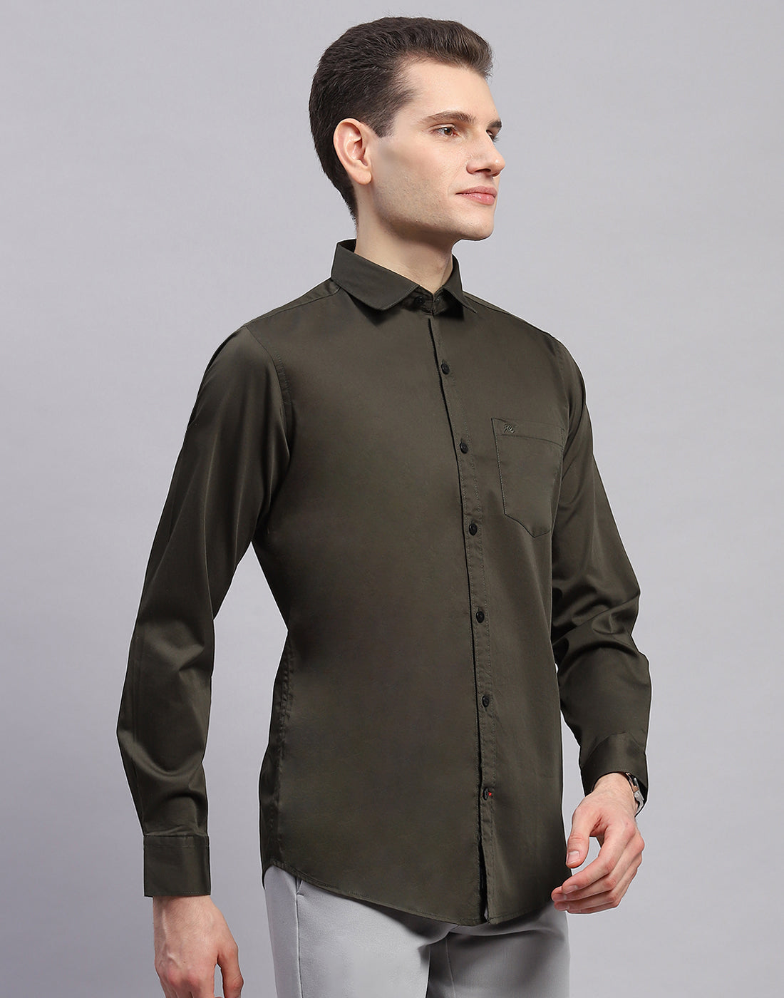 Men Olive Solid Collar Full Sleeve Shirt