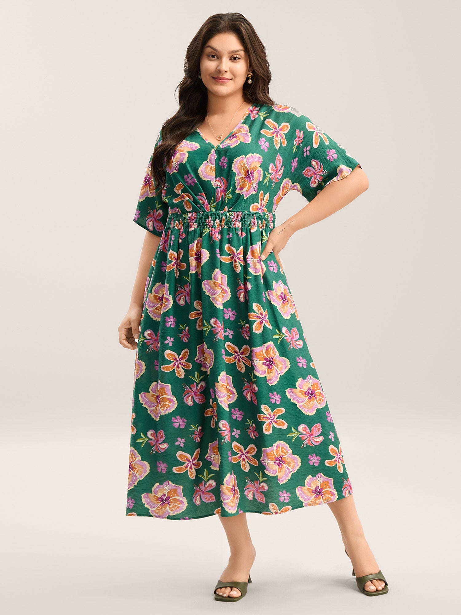 Large Floral Print Shirred Waist Midi Dress