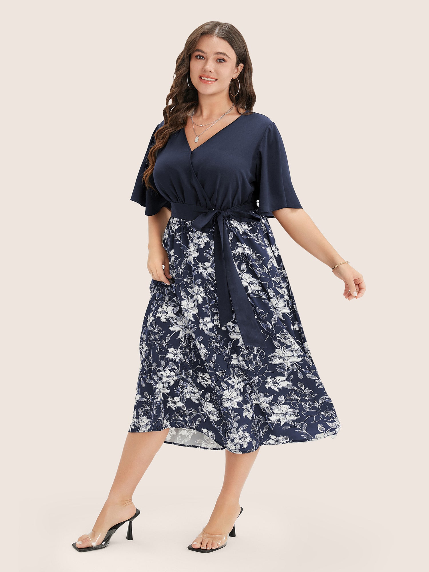 Floral Patchwork Pocket Belt Surplice Neck Ruffle Hem Dress