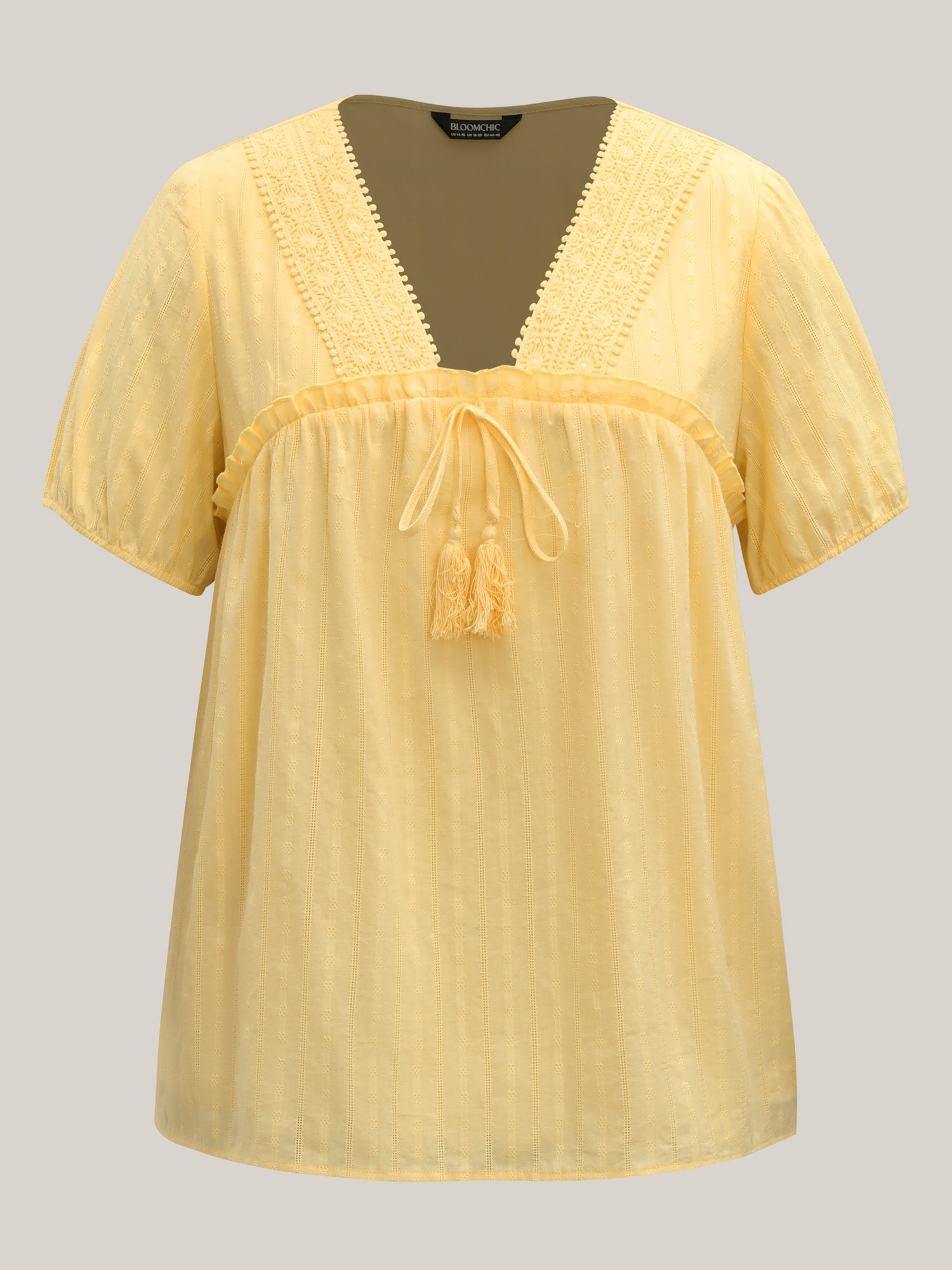 Cotton Textured Lace Trim Neck-Tie Blouse