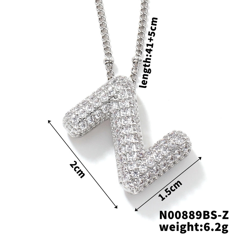 304 Stainless Steel Copper Rhodium Plated Three-dimensional Inlay Letter Zircon Pendant Necklace