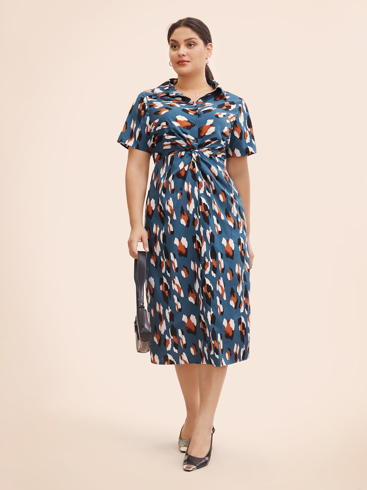 Leopard Print Shirt Collar Twist Front Dress