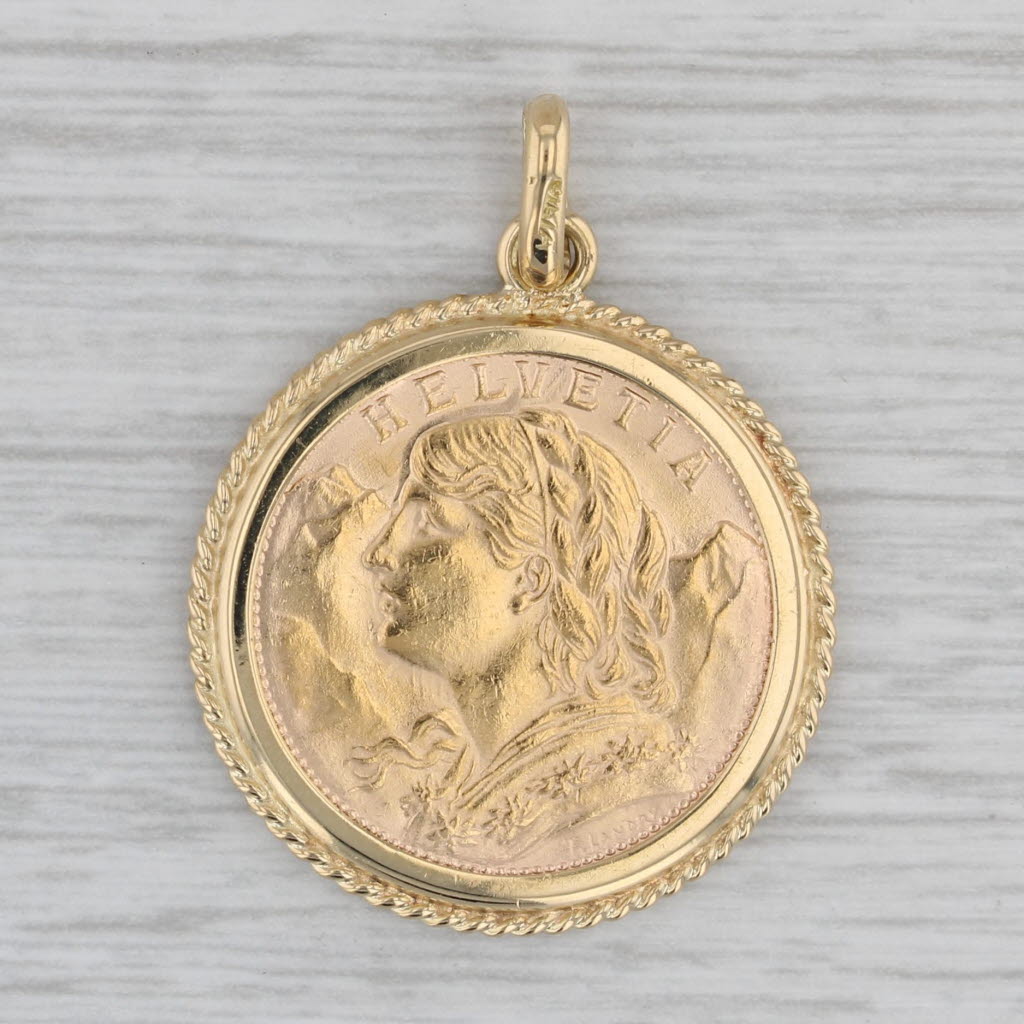 1935 20 Franc Helvetia Swiss Coin 18k Bezel 900 Gold Coin