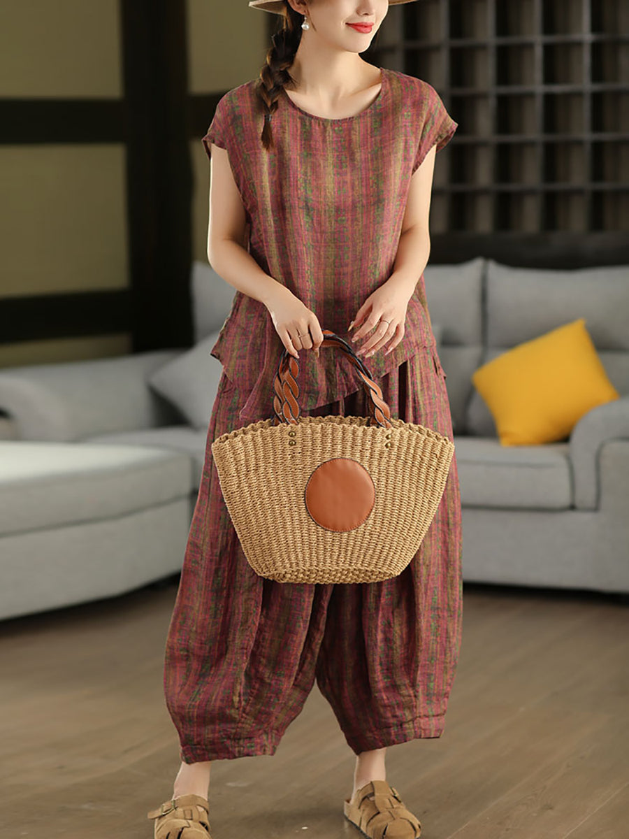 Women Summer Retro Print 100%Ramie Bloomers