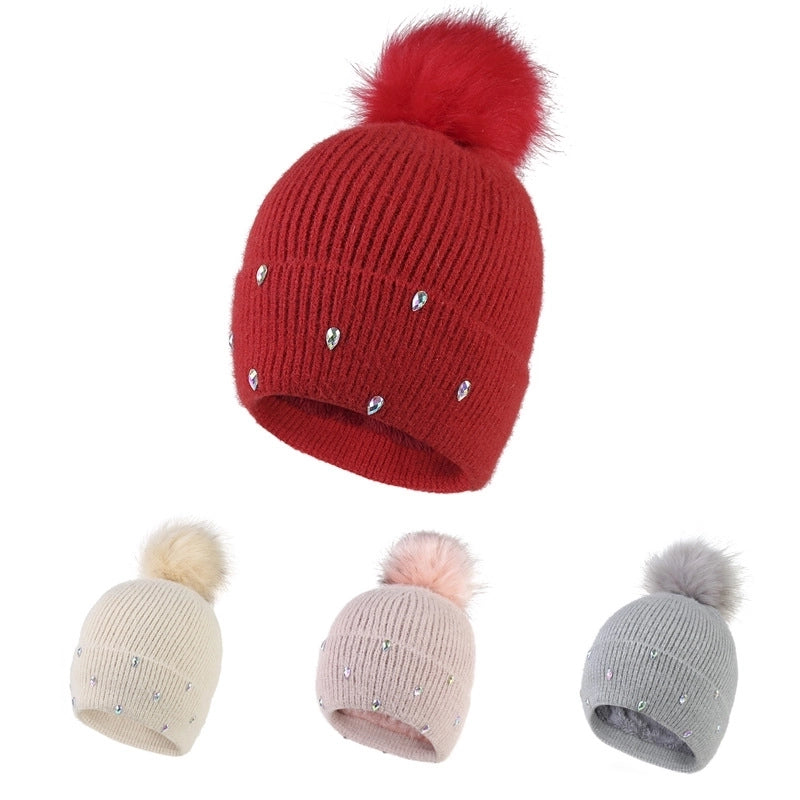 Women's Cute Sweet Solid Color Pom Poms Rhinestone Eaveless Wool Cap