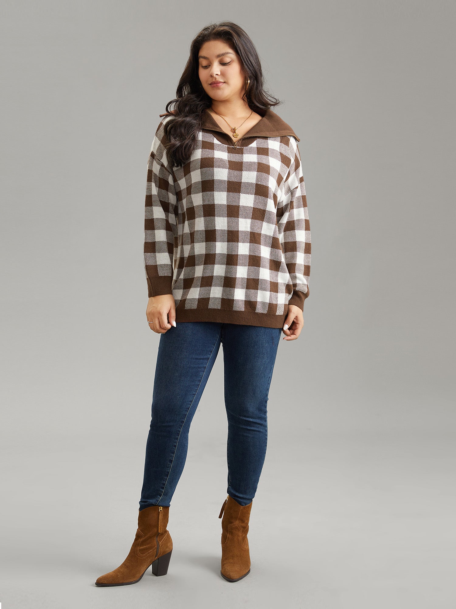 Gingham Half Zip Polo Drop Shoulder Pullover