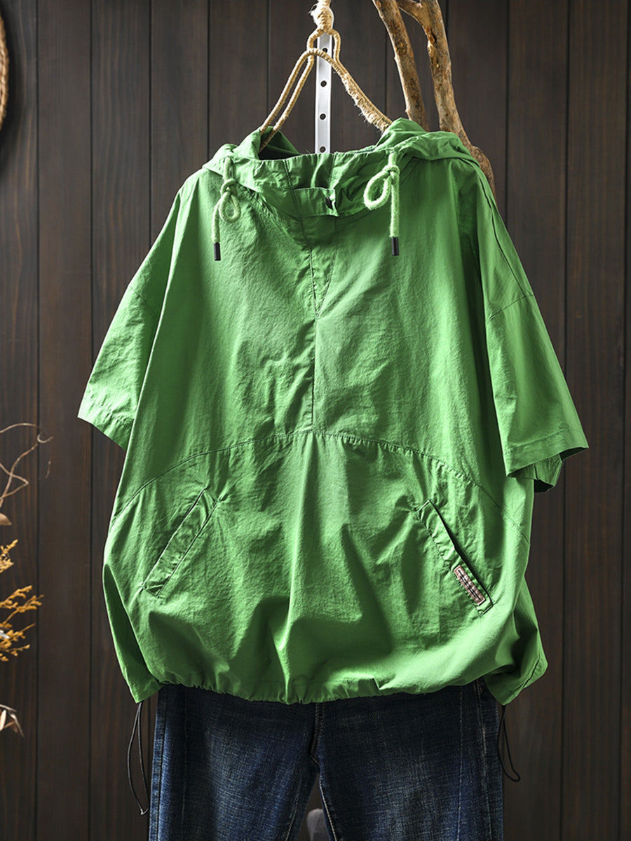 Women Summer Casual Pure Color Hooded Cotton Shirt