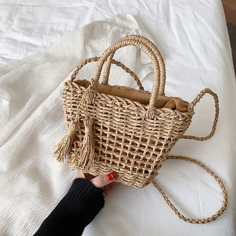 Women's Small Spring&summer Straw Solid Color Vacation Bucket String Straw Bag