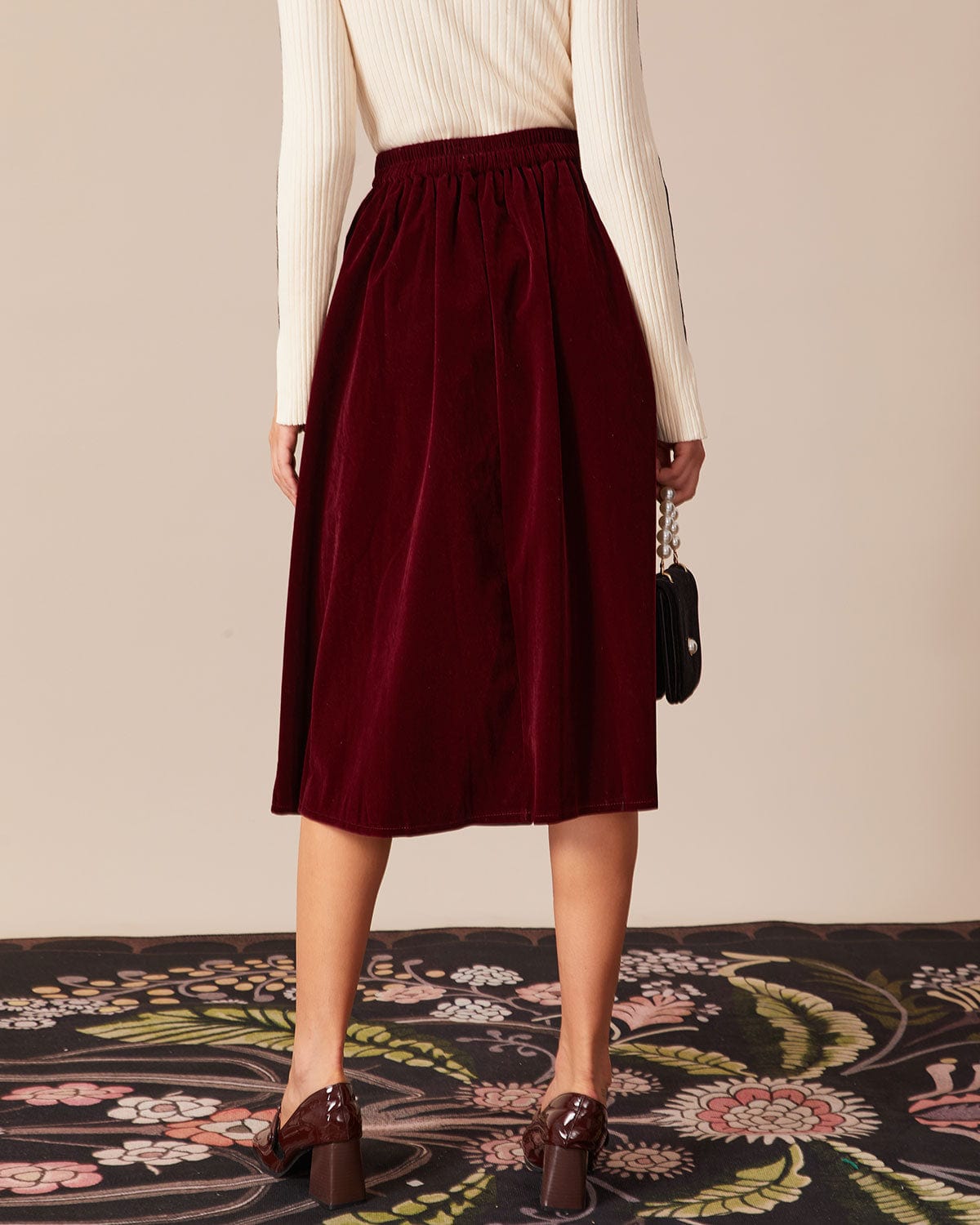 The Red High Waisted Velvet Midi Skirt