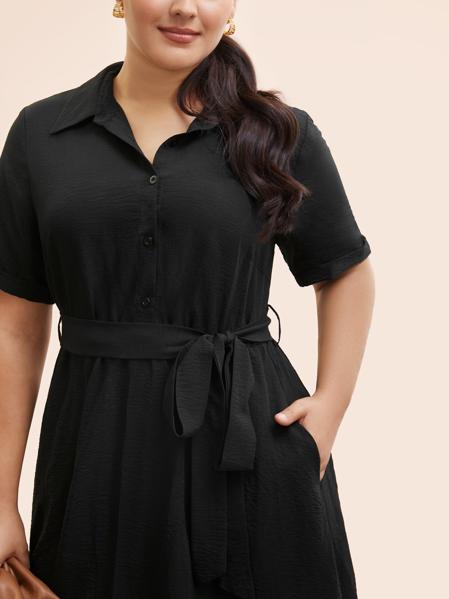 Shirt Collar Contrast Patchwork Belted Midi Dress