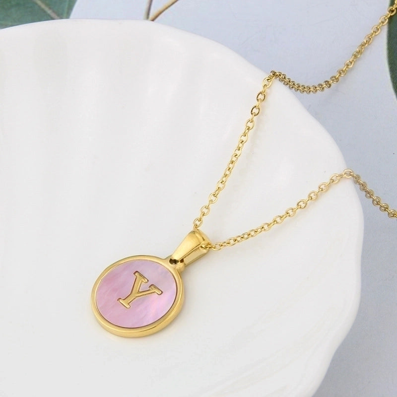 Minimalist Letter Titanium Steel Plating Inlay Shell Pendant Necklace