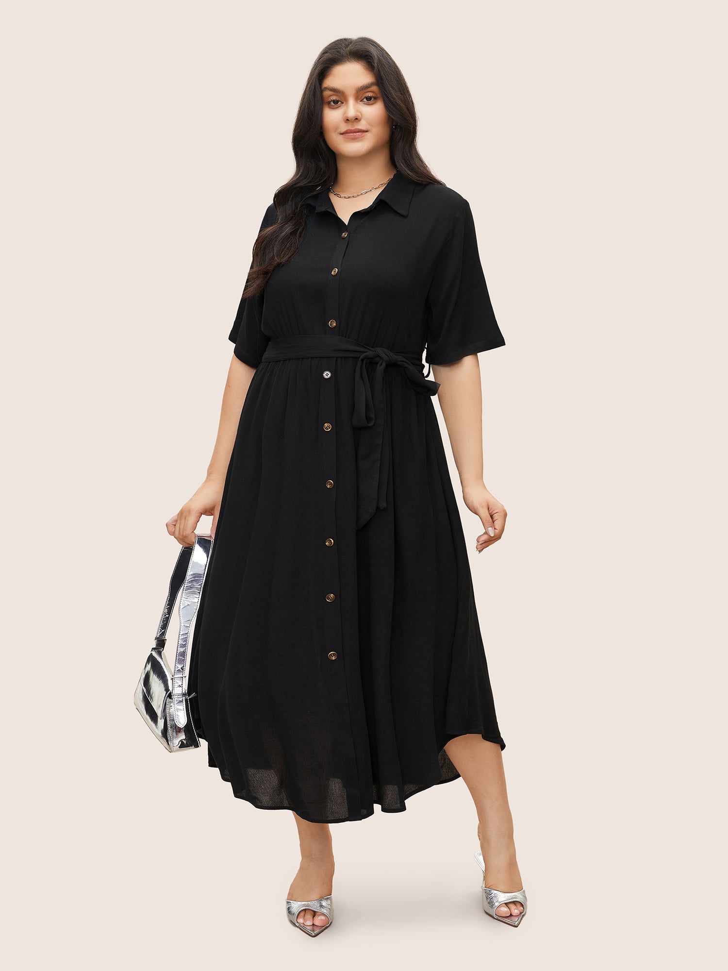 Solid Button Pocket Shirt Collar Belted Maxi Dress