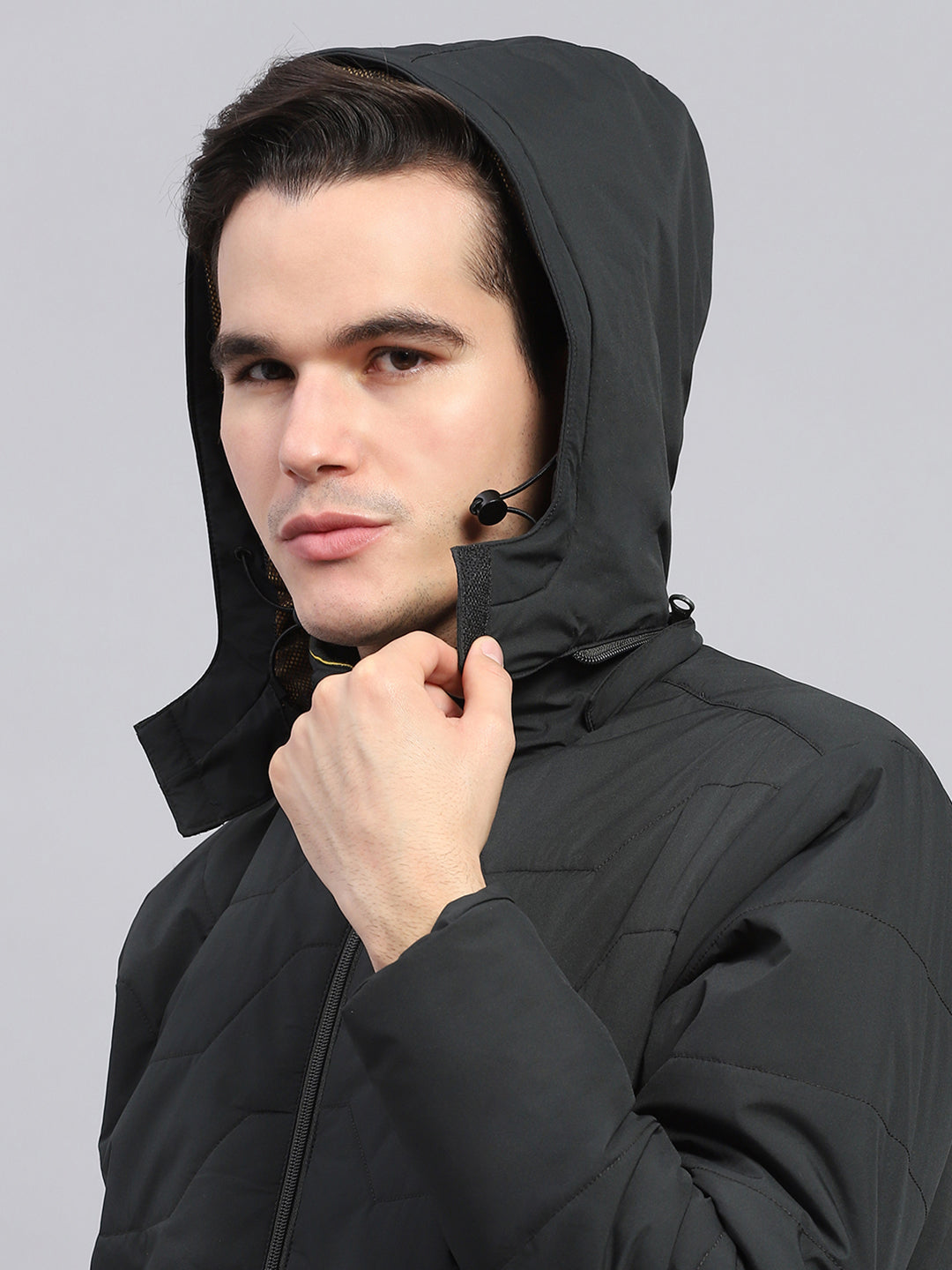 Men Olive Solid Detachable Hood Full Sleeve Jacket