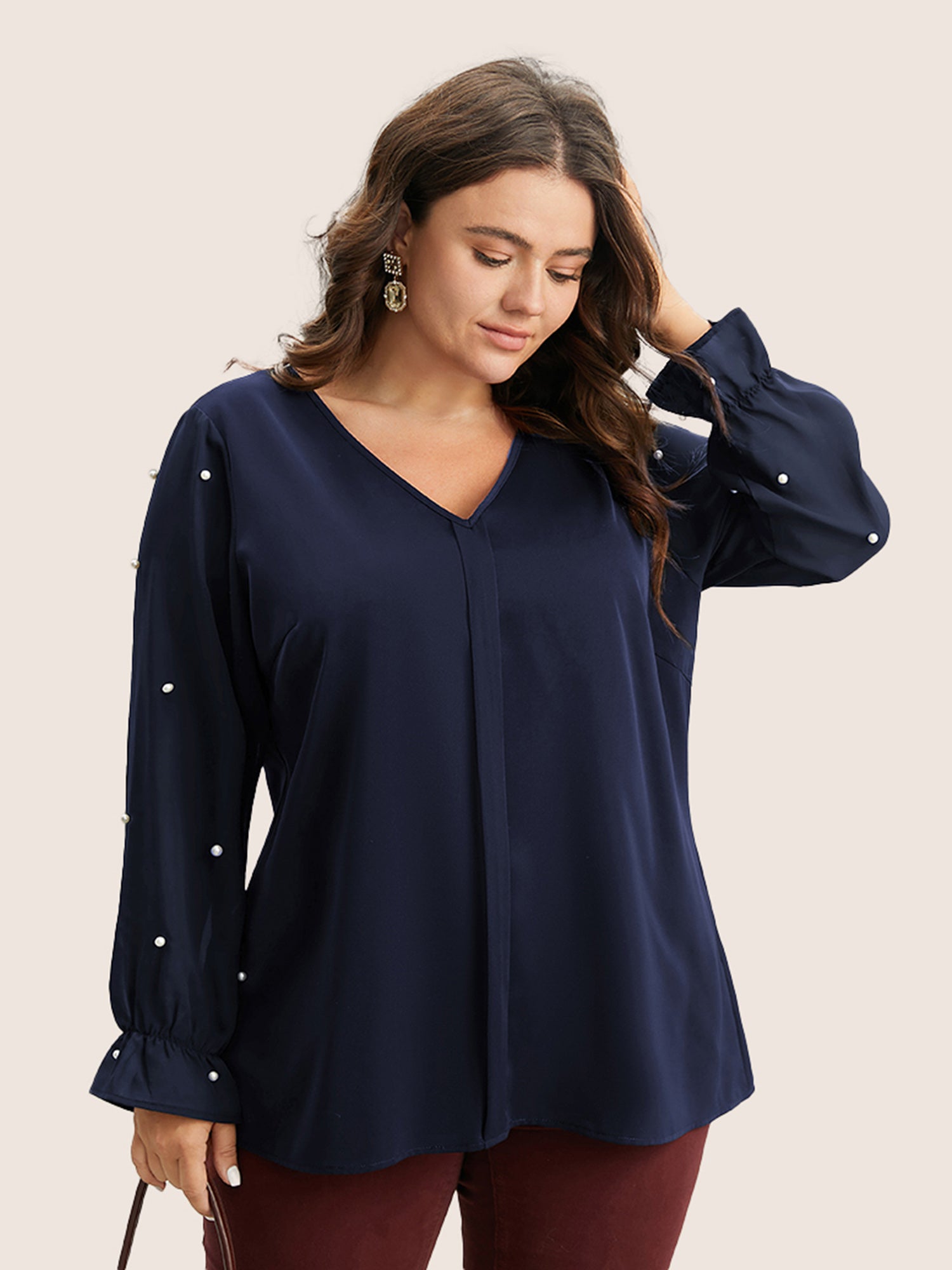 Pearl Beaded Mesh Patchwork Ruffles Blouse
