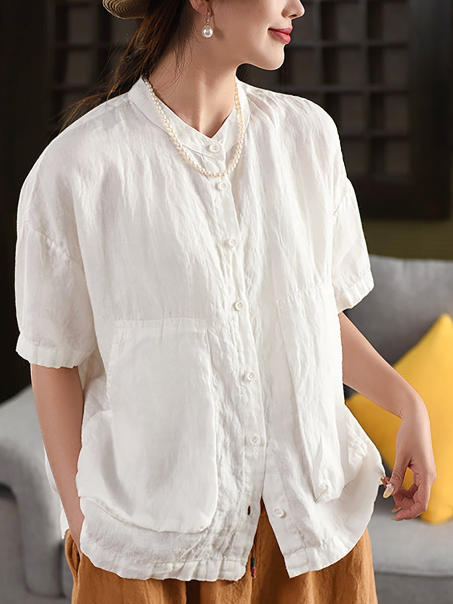 Women Summer Pure Color Stand Collar 100%Linen Shirt