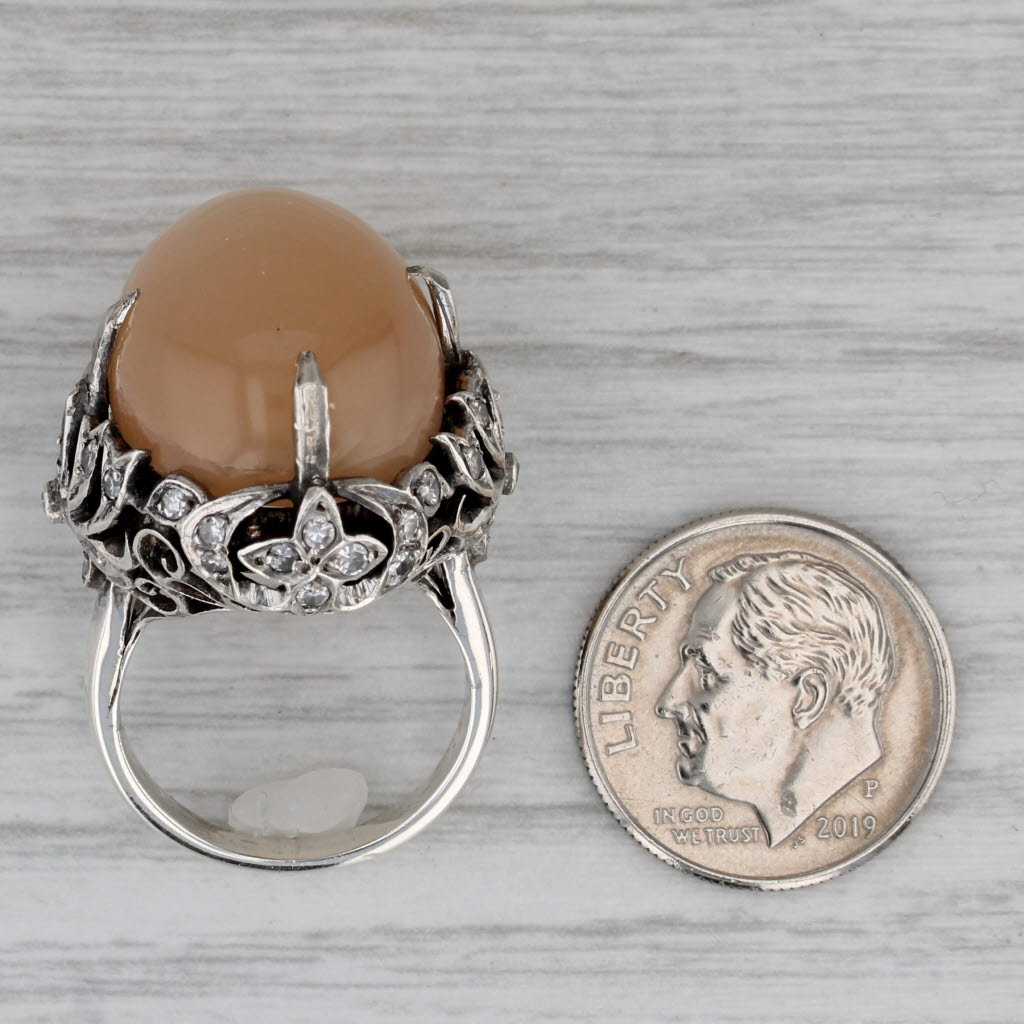 Peach Star Moonstone Diamond Ring 800 Silver Vintage Ornate Size 5 Cocktail