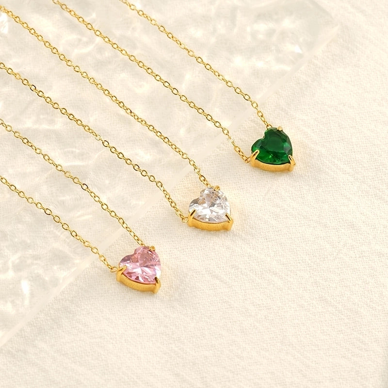 Princess Cute Heart Shape Butterfly 304 Stainless Steel Zircon 18K Gold Plated Inlay Pendant Necklace
