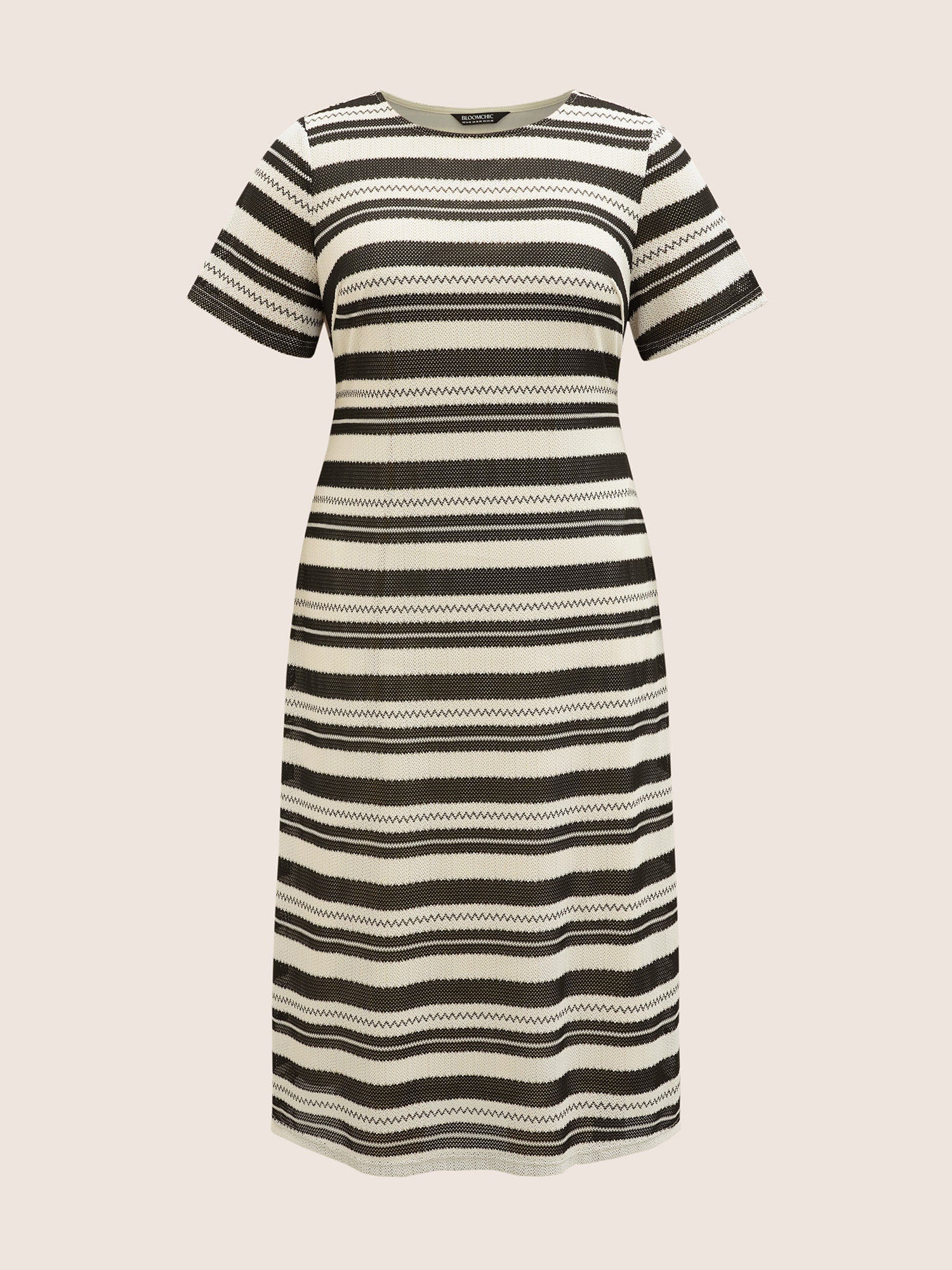 Striped Texture Crew Neck Midi Knit Dress