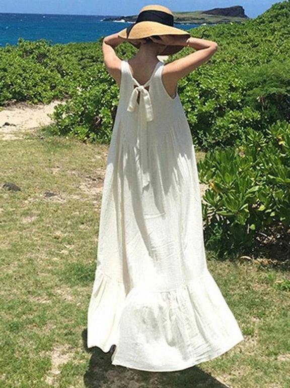 Natural sleeveless patchwork cotton quilting dresses Work white Maxi Dresses