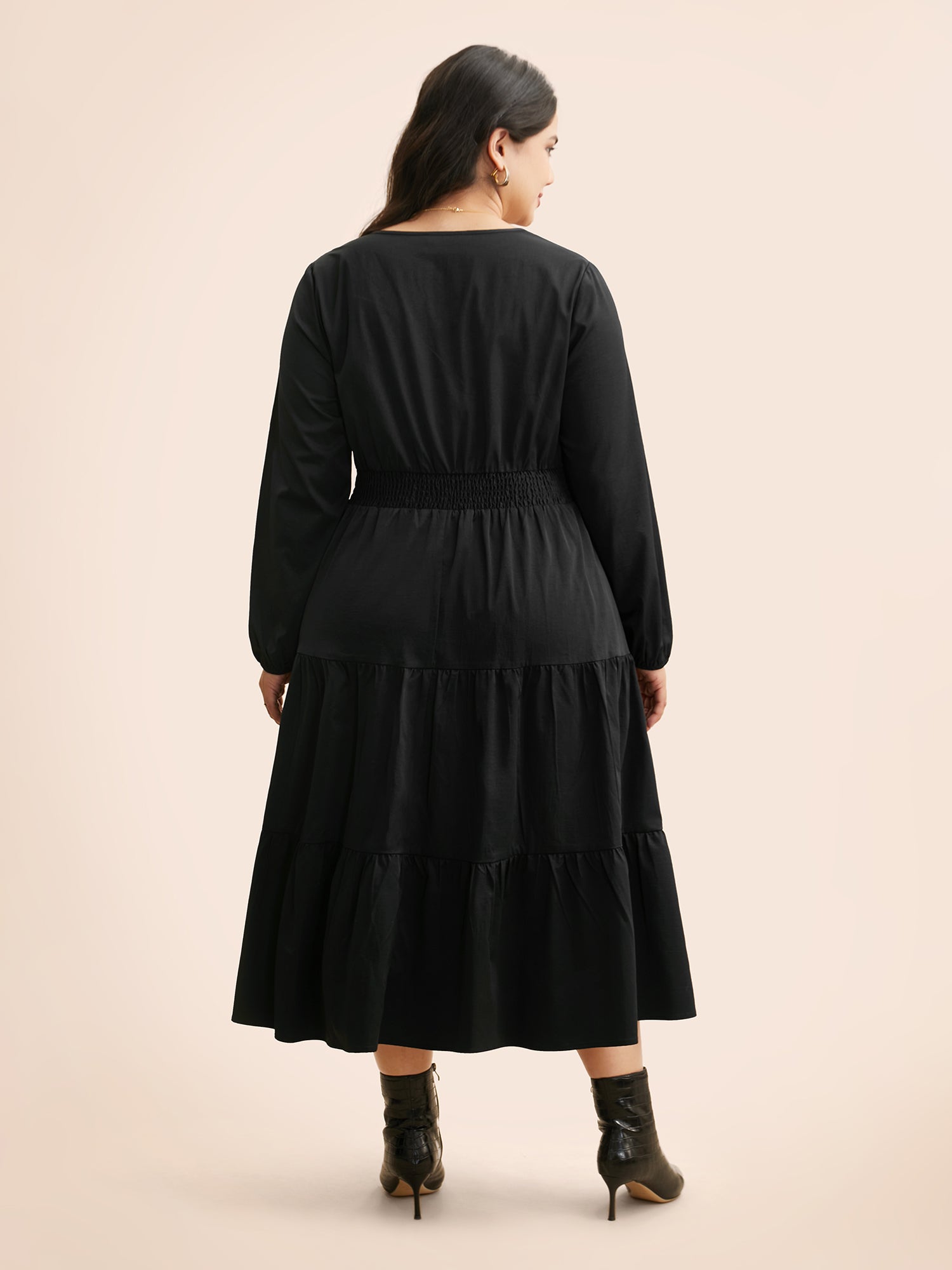 Notched Button Detail Ruffle Layered Hem Dress