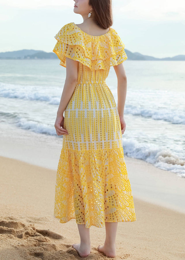 New Yellow Ruffled Hollow Out Cotton Maxi Dress Summer