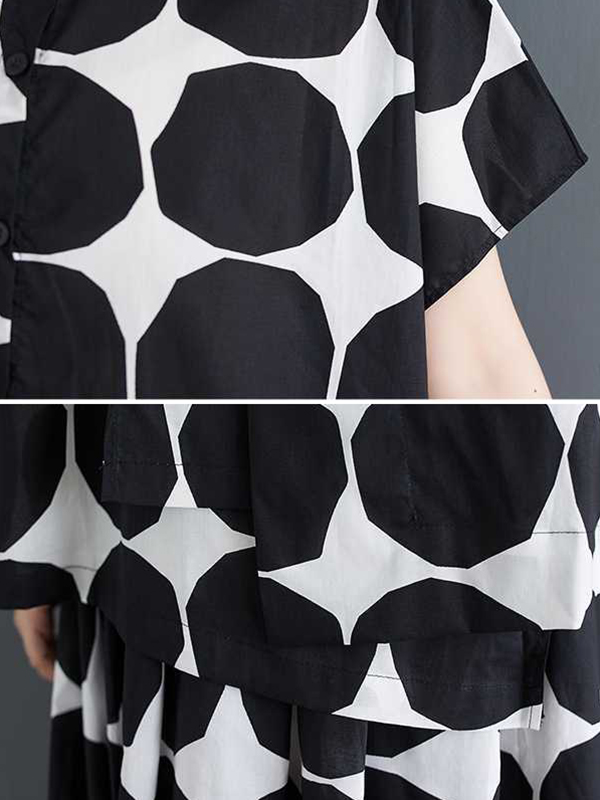 Loose Short Sleeves Buttoned Polka-Dot Lapel Blouse Tops Skirts Bottoms Two Pieces Set