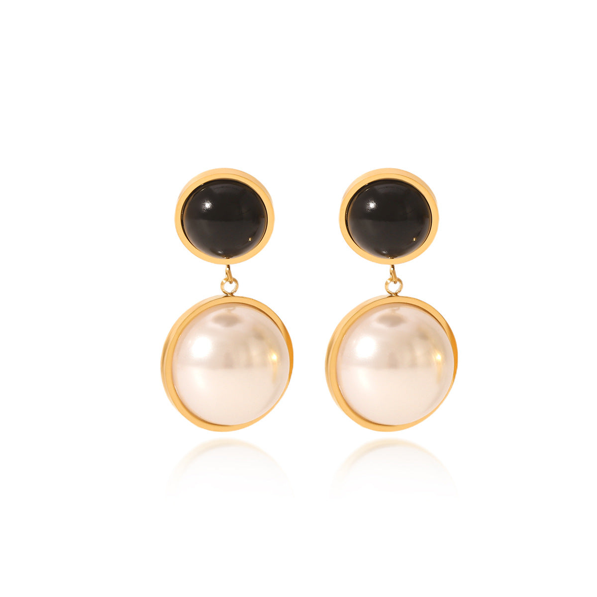 Retro Round Earrings Design Stainless Steel Inlaid Obsidian Earrings Half-Circle Pearl Earrings
